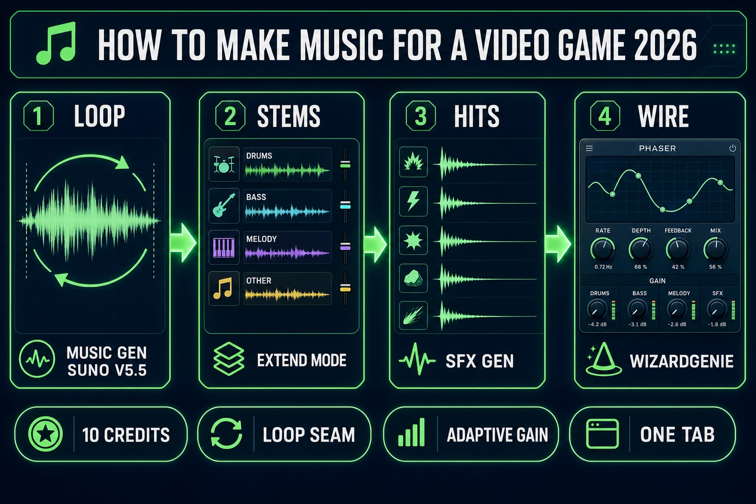 How to make music for a video game in 2026 — four-step browser AI pipeline from Music Gen Suno V5.5 loops through extend stems and SFX Gen hits to WizardGenie adaptive Phaser wiring, verified July 14, 2026