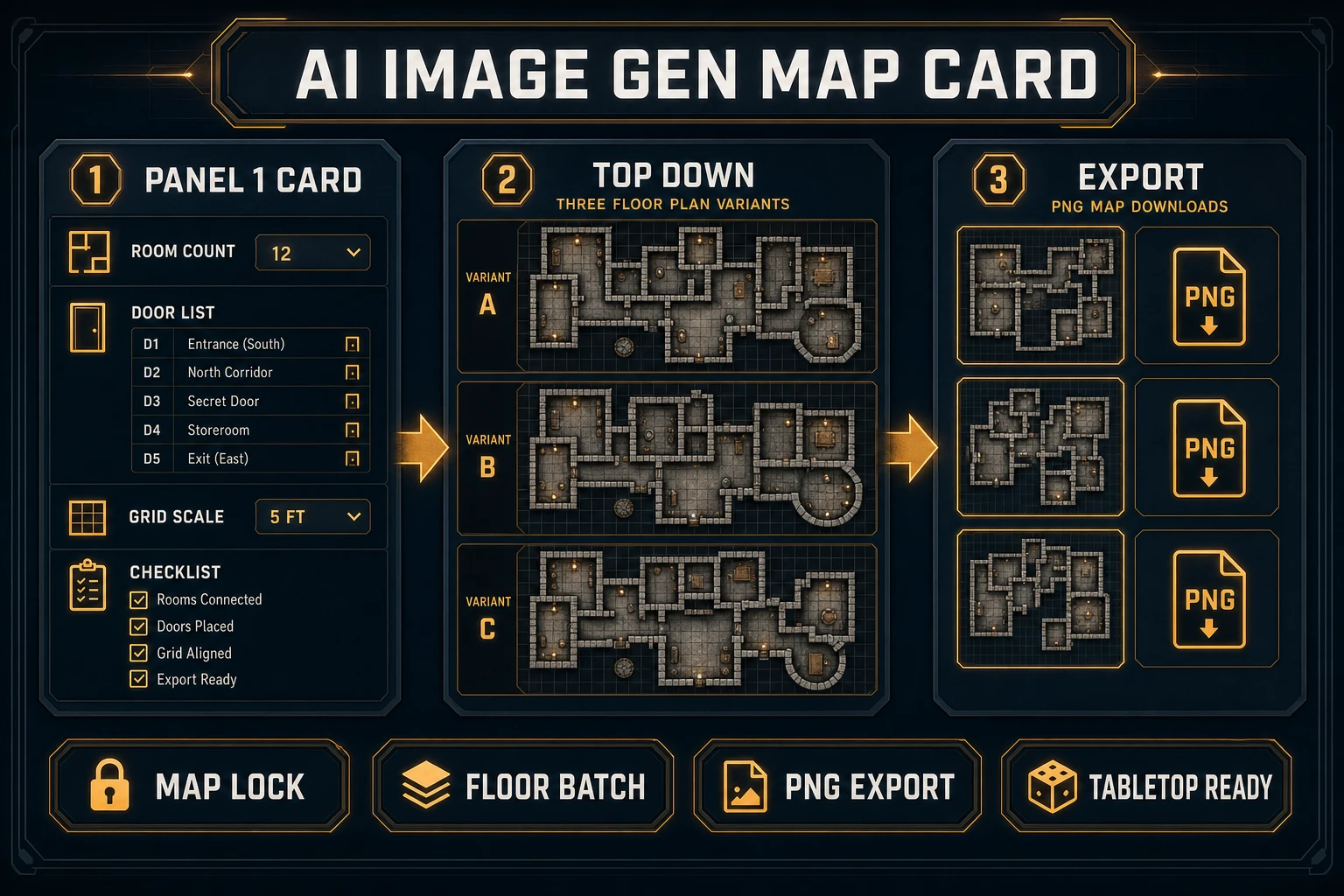 AI Image Gen map card and top-down dungeon floor plan batch for a dnd map generator workflow, verified July 12, 2026