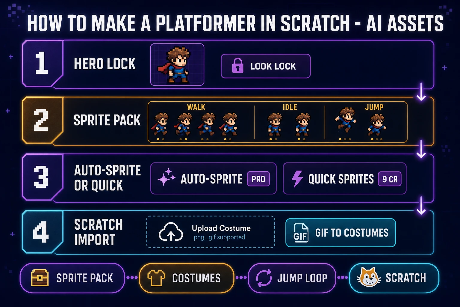 How to make a platformer in Scratch pipeline: hero lock, sprite pack, Auto-Sprite or Quick Sprites, costume import
