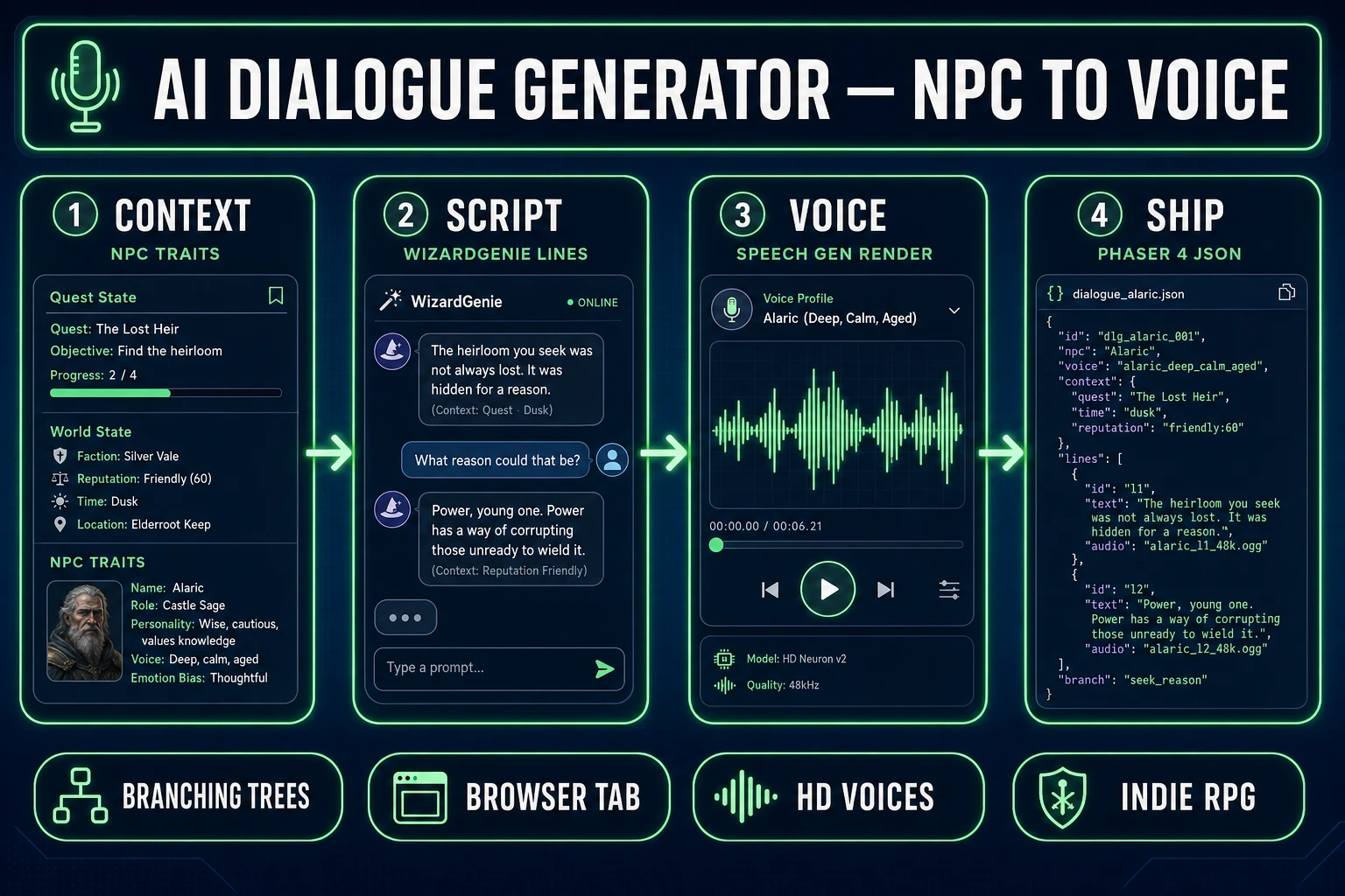 Ai dialogue generator pipeline diagram — four numbered panels for NPC context, WizardGenie script, Speech Gen voice render, and Phaser 4 JSON output