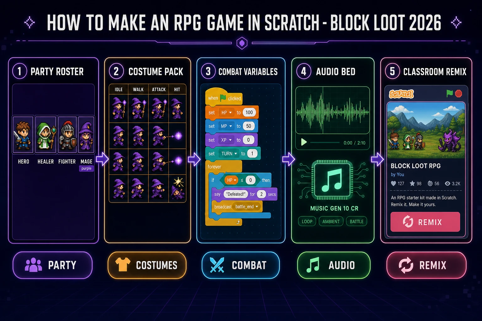 How to make an rpg game in scratch pipeline: party roster, costume pack, combat variables, audio bed, classroom share