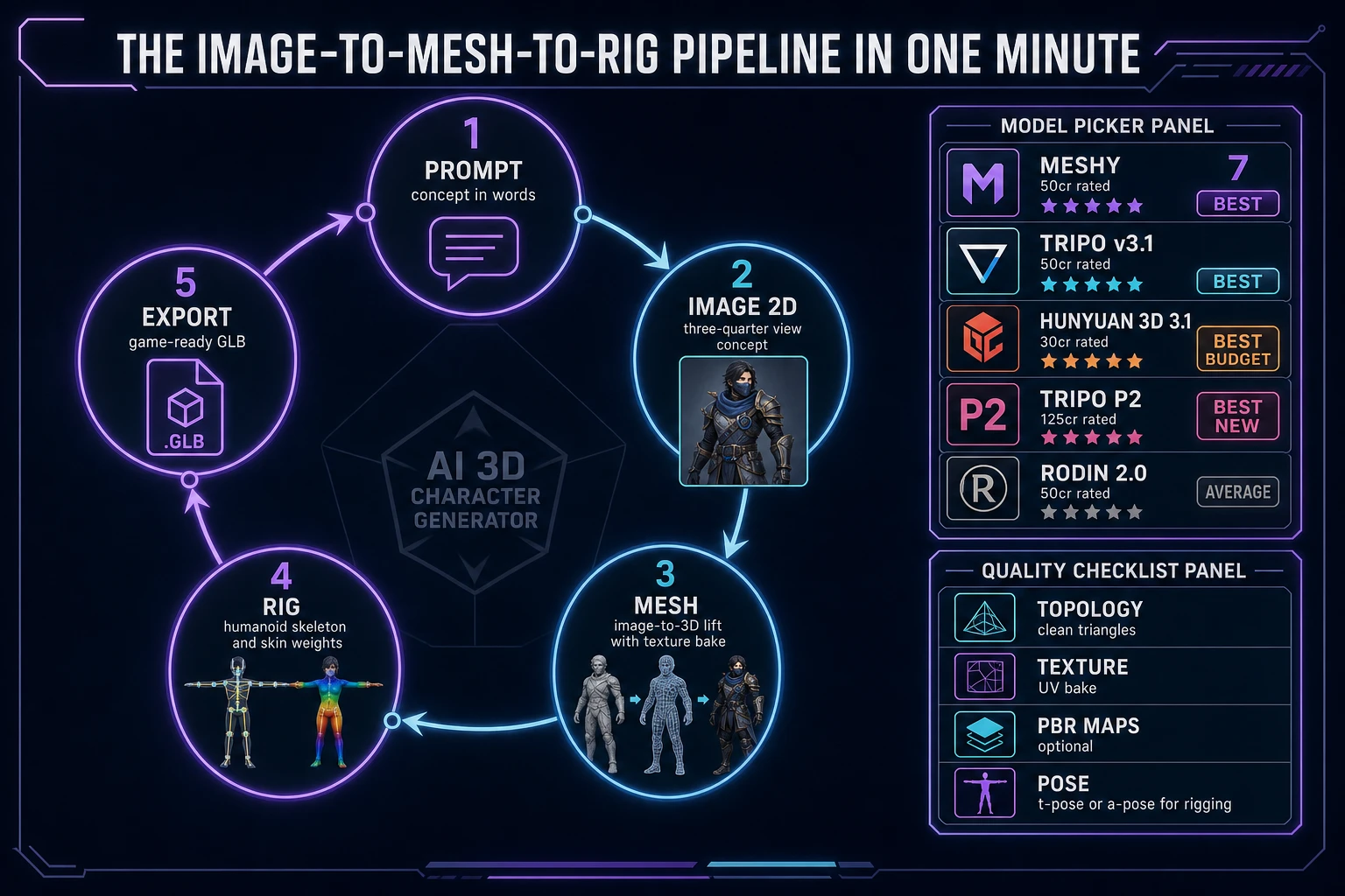Ai 3d character generator pipeline state machine showing prompt to 2D image to 3D mesh to humanoid rig to game-ready GLB export, with a 3D Studio model picker ranking Meshy 7, Tripo v3.1, Hunyuan 3D 3.1, and Tripo P2 by rating