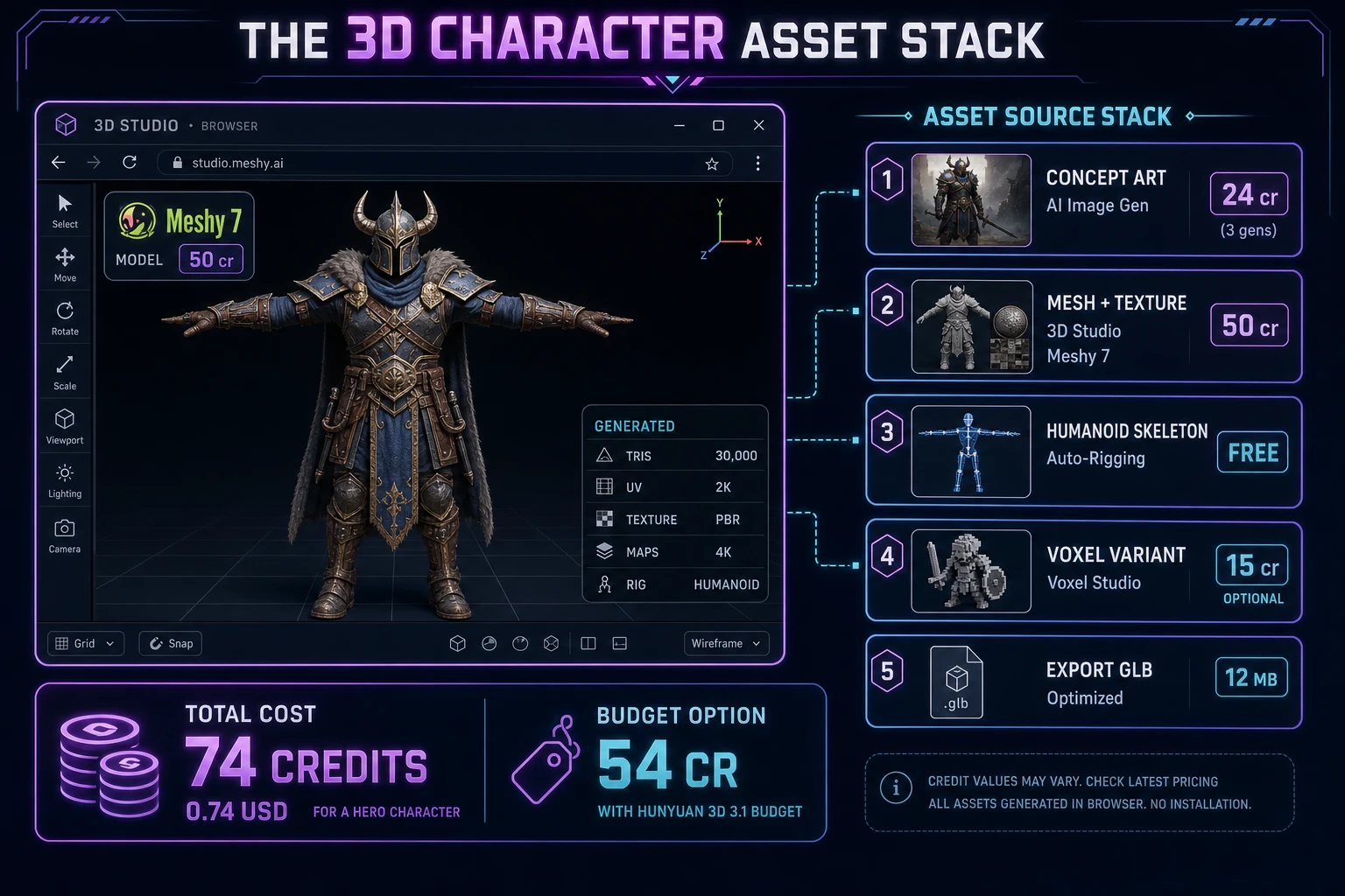 Ai 3d character generator asset stack diagram: AI Image Gen concept 24 credits, 3D Studio Meshy 7 image-to-3D 50 credits, Auto-Rigging free, optional Voxel Studio variant 15 credits, GLB export 12 MB, total 74 credits under one dollar