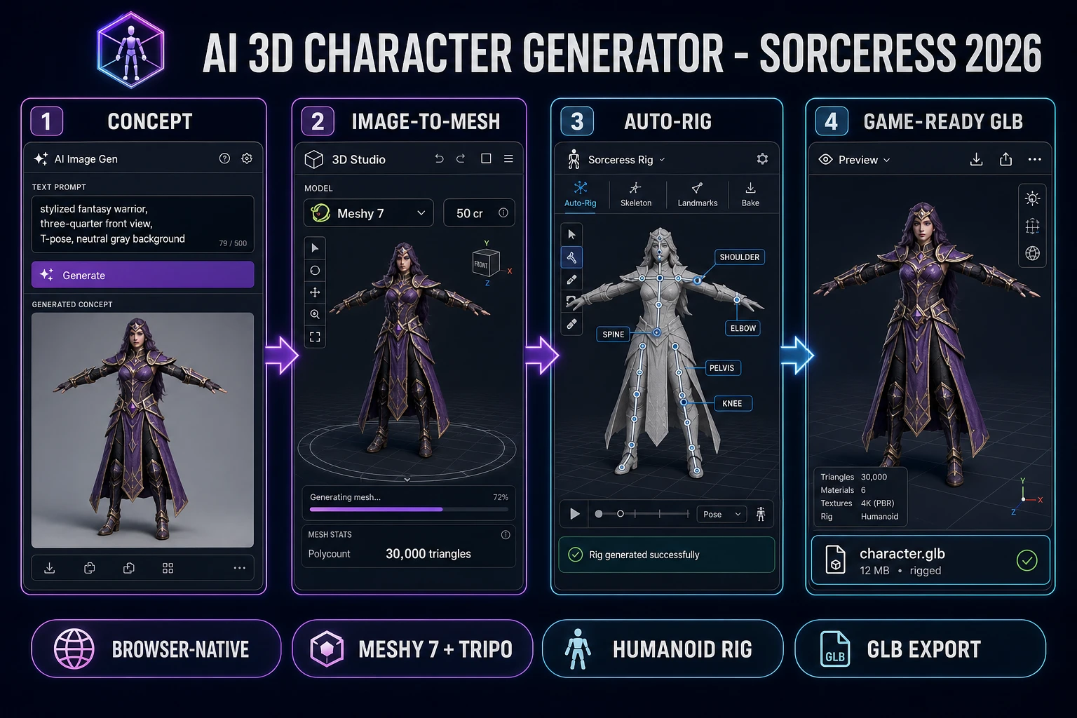 Ai 3d character generator browser pipeline: AI Image Gen concept, 3D Studio Meshy 7 image-to-mesh, Auto-Rigging humanoid skeleton, and game-ready GLB export in one browser tab