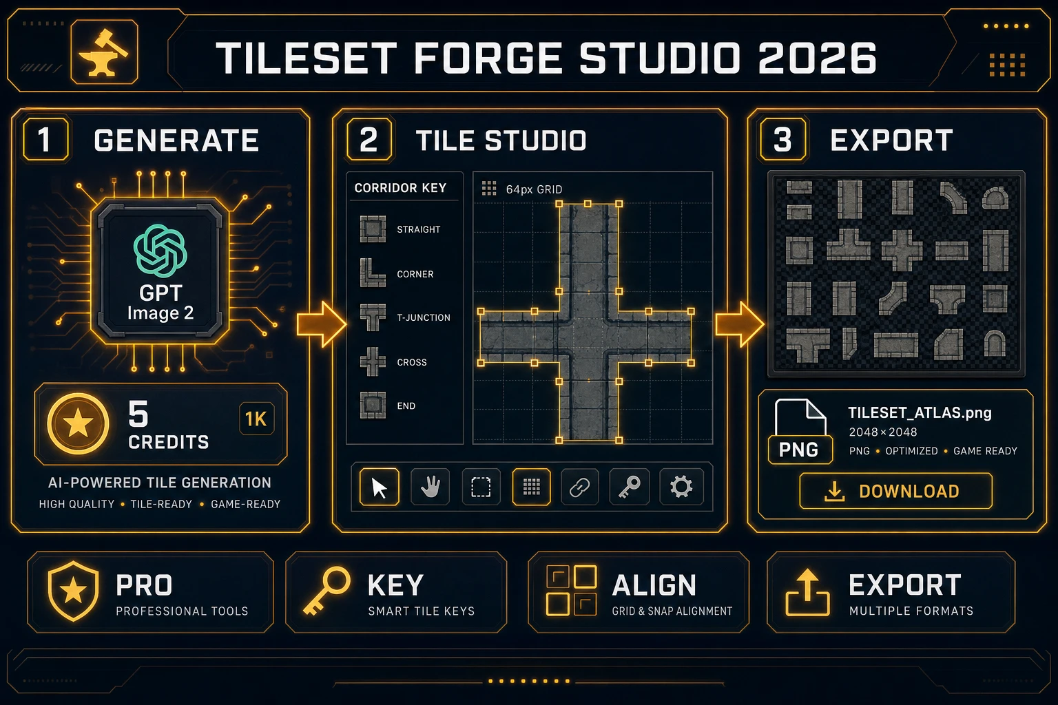 Tileset Forge ai tileset generator: GPT Image 2 prompt, Tile Studio key, 64px grid, export sheet