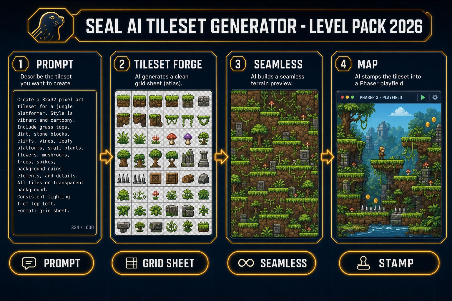 AI tileset generator level pack pipeline: prompt, Tileset Forge grid, Seamless Tile Gen, sharp map import