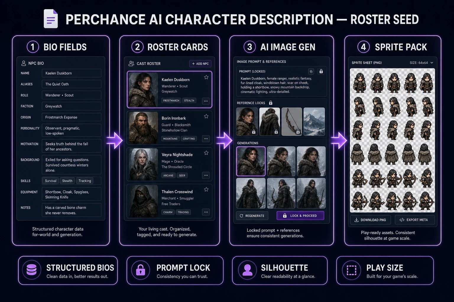 perchance ai character description generator pipeline from bio fields to sprite pack