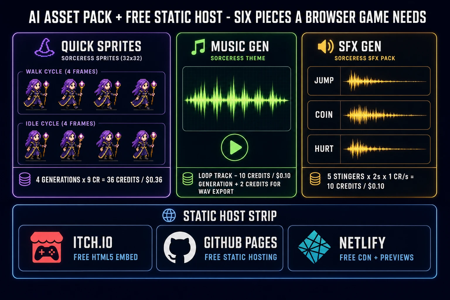 Browser game asset pipeline: Quick Sprites atlas, Music Gen loop track, SFX Gen stinger pack, and free static host on itch.io, GitHub Pages, or Netlify
