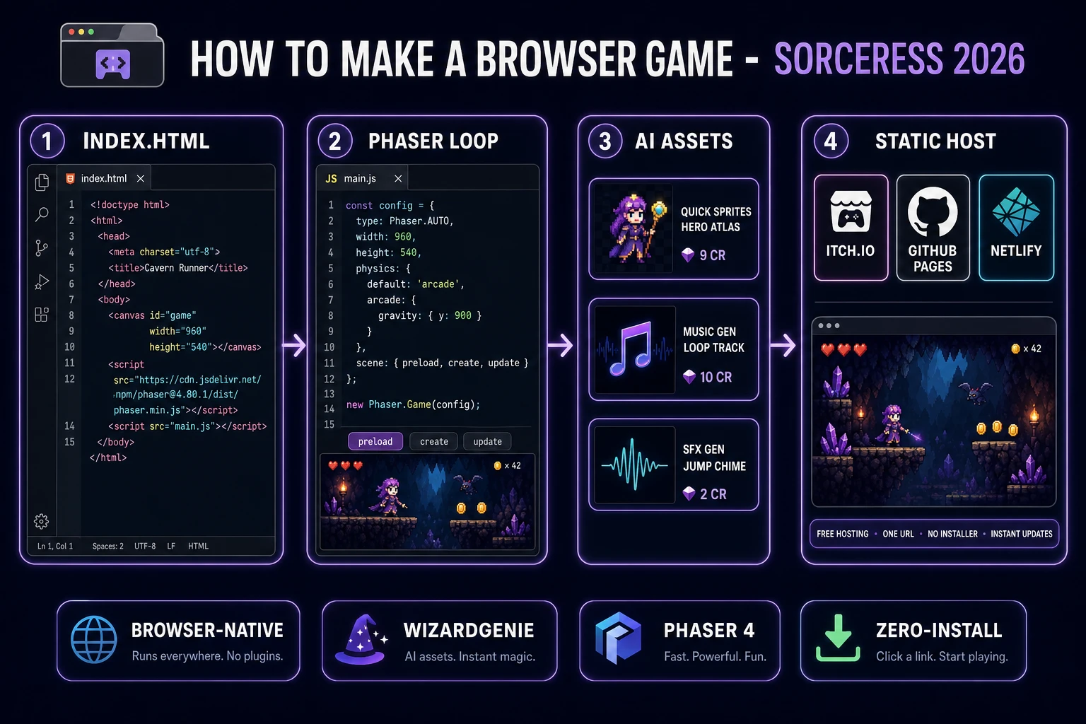 How to make a browser game pipeline: index.html, Phaser loop, AI asset pack, and static host with WizardGenie and Sorceress tools
