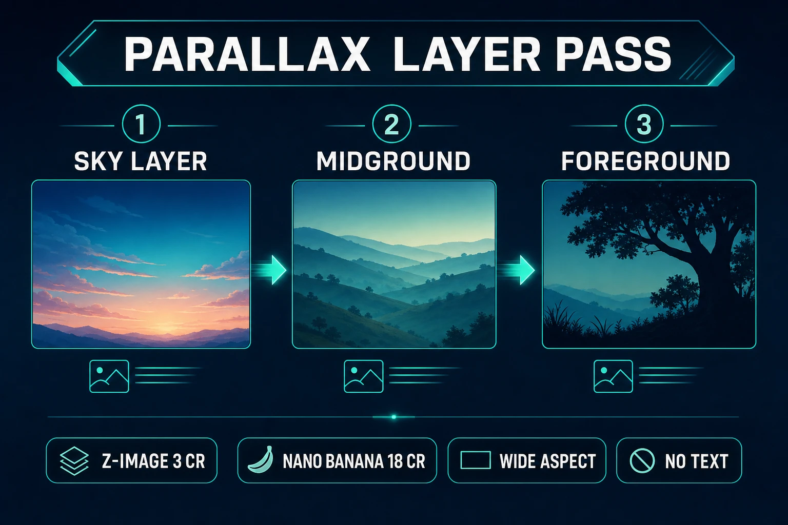 AI Image Gen parallax layer pass for ai landscape generator workflow — sky gradient, rolling hills midground, and tree silhouette foreground