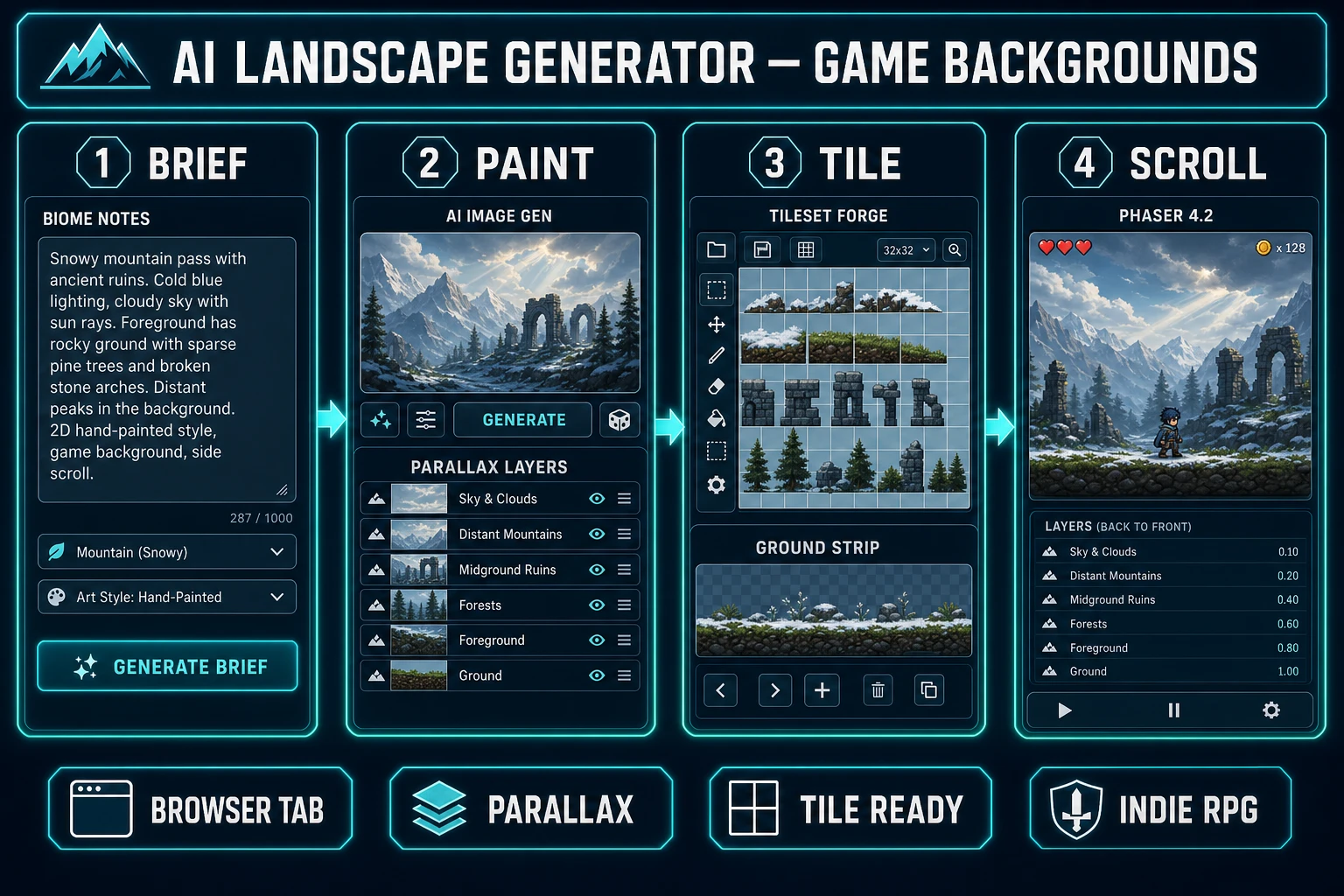 Ai landscape generator pipeline diagram — four numbered panels for biome brief, AI Image Gen parallax layers, Tileset Forge ground strip, and Phaser 4 scroll output