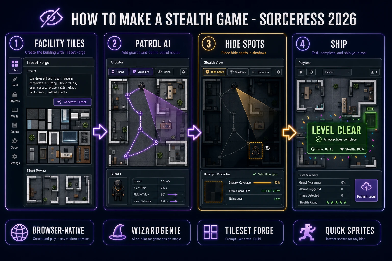 How to make a stealth game browser pipeline: build facility tiles in Tileset Forge, wire patrol paths and vision cones in WizardGenie, and ship a browser hide loop