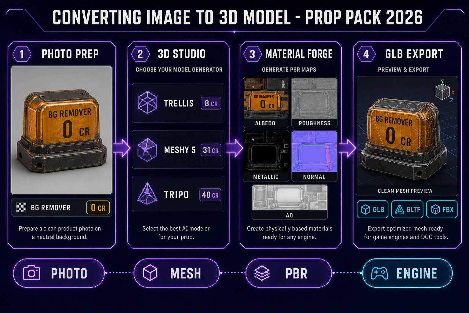 Converting image to 3D model pipeline: photo prep, 3D Studio model pick, PBR materials, rigged GLB export