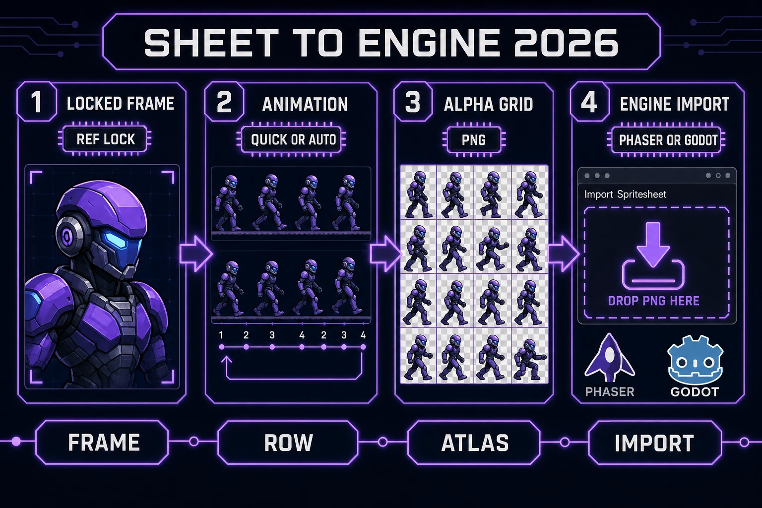 Sprite sheet generator AI ship loop: locked frame, animation row, alpha atlas grid, engine import