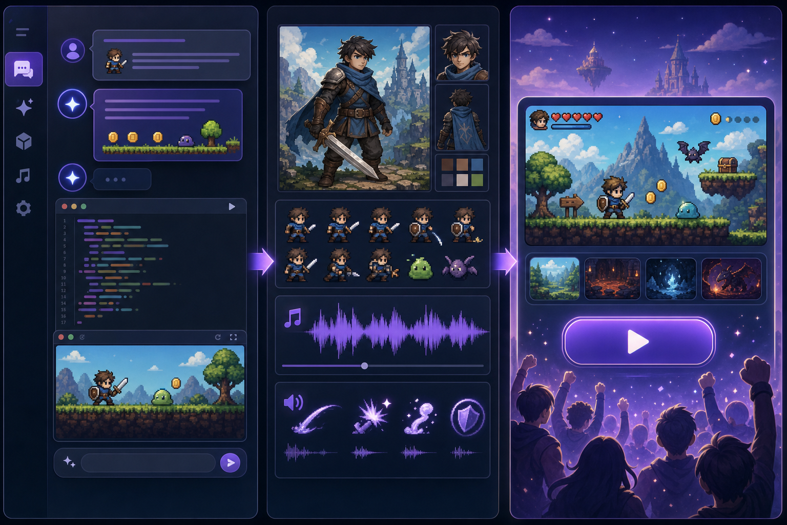 AI game creation workflow from code to art and audio to published browser game