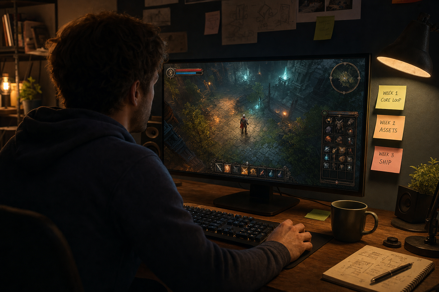 A solo developer planning and finishing a small fantasy browser game with AI tools over three weeks