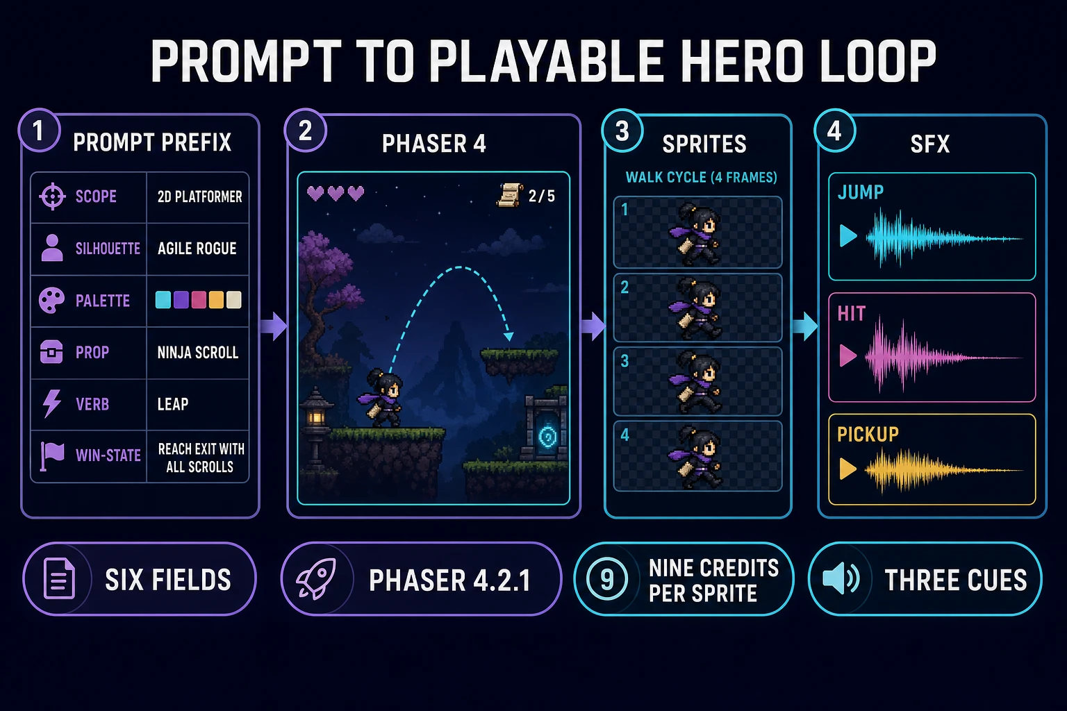 WizardGenie to Quick Sprites to SFX Gen handoff: scope fields, Phaser canvas with hero, walk row strip, three SFX waveforms