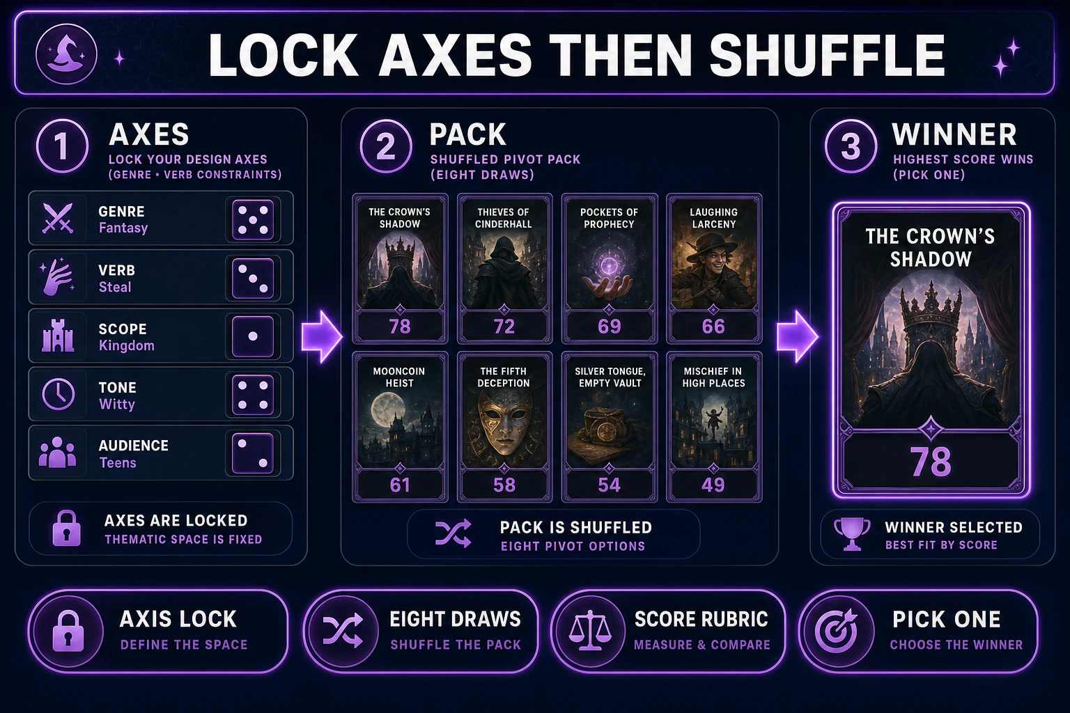 WizardGenie axis lock and shuffled jam pivot pack for a random game generator workflow, verified July 17, 2026