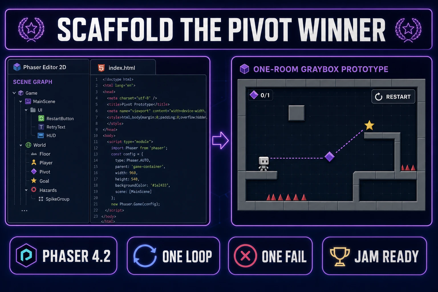 Phaser 4.2 scaffold closing a random game generator jam pivot pack, verified July 17, 2026