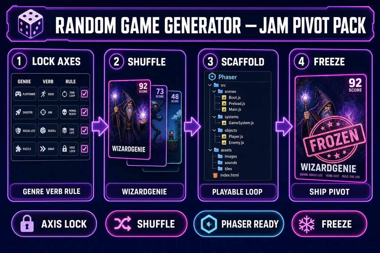 Random game generator in 2026, four-step jam pivot pack from locked axes through WizardGenie shuffle and Phaser scaffold to a frozen winner, verified July 17, 2026