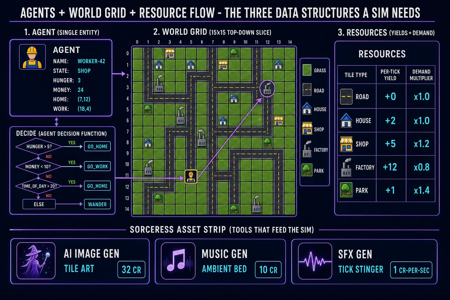 Simulation game data structures: an agent card with a decision tree, a world grid slice with tile types, and a resource yield table