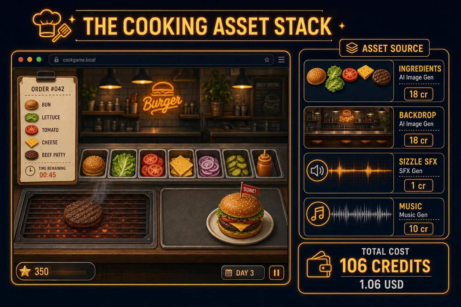 Cooking game asset stack diagram showing AI Image Gen food icons and kitchen backdrop, SFX Gen sizzle audio, and Music Gen kitchen bed with 106 credit total