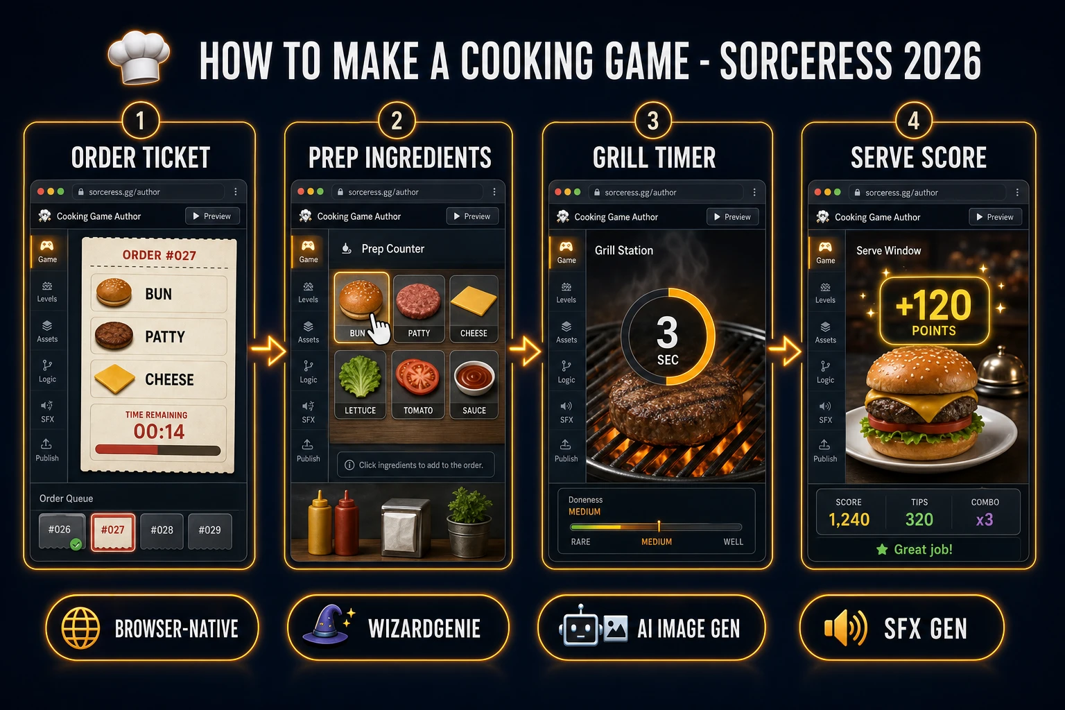 How to make a cooking game browser pipeline: wire order tickets, ingredient prep, and grill timers in WizardGenie, then ship a browser recipe loop