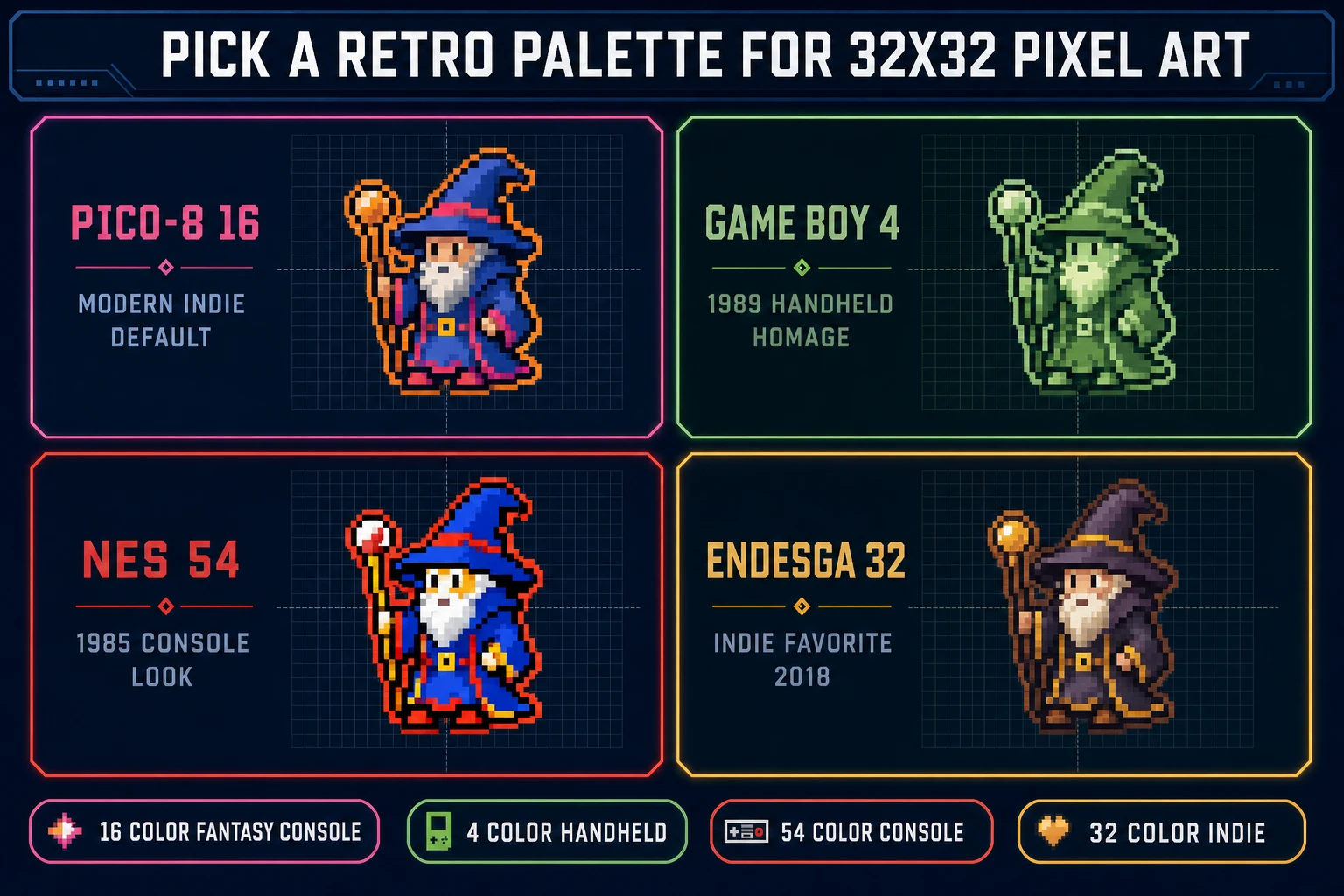 Pick a retro palette for 32x32 pixel art - PICO-8 and Game Boy and NES and Endesga 32 each rendered on the same wizard sprite
