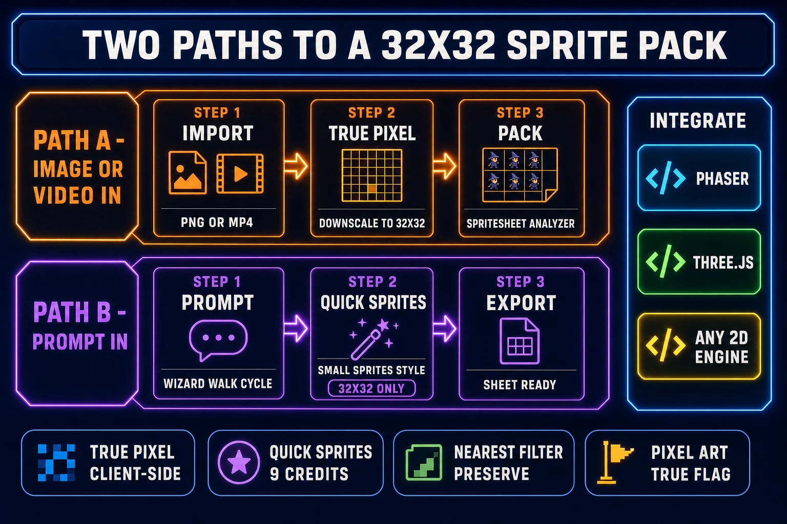 Two paths to a 32x32 sprite pack - True Pixel with image or video input on the top lane and Quick Sprites prompt-to-sheet on the bottom lane, both feeding into Phaser three.js and any 2D engine