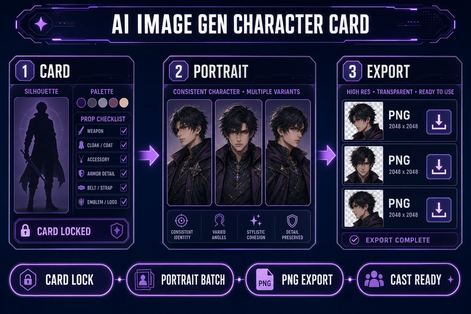 AI Image Gen character card and portrait batch for an oc maker workflow, verified July 11, 2026