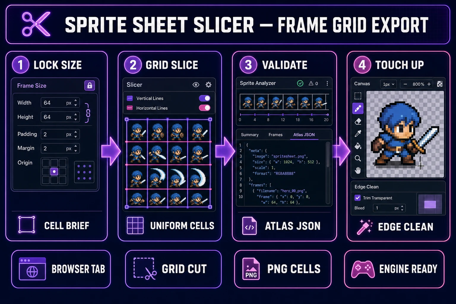 Sprite sheet slicer pipeline diagram — four numbered panels for cell lock, Slicer Grid Slice, Sprite Analyzer atlas JSON, and Canvas edge cleanup