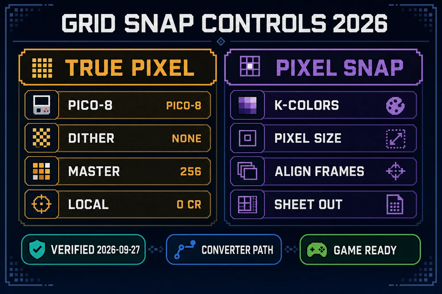 Image to pixel art converter controls: True Pixel palettes and dither versus Pixel Snap grid lock