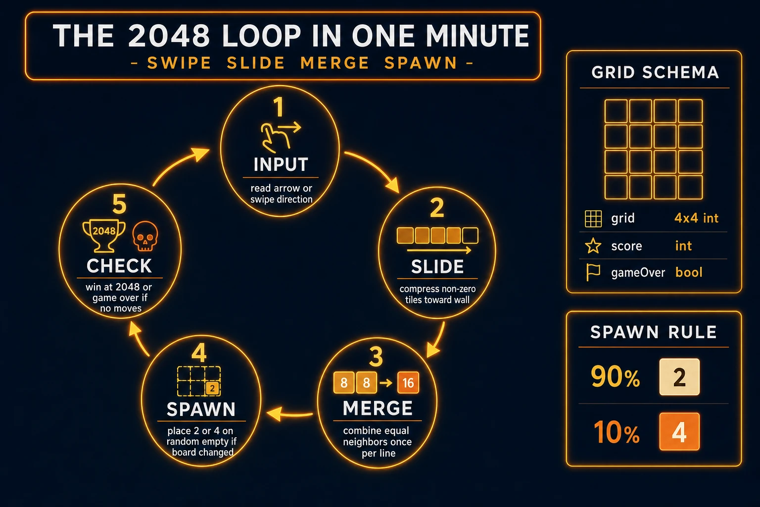 2048 merge grid state machine: input direction, slide tiles, merge equals once per line, spawn 2 or 4, check win or game over
