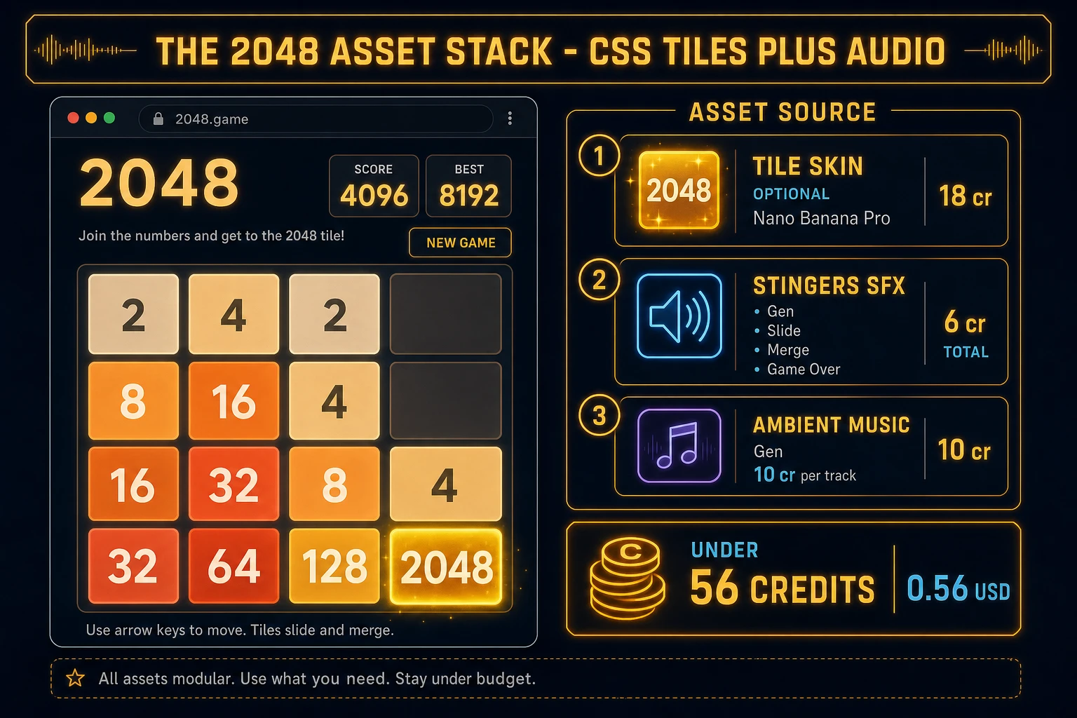 2048 browser game asset stack: optional AI tile skin, SFX Gen slide merge sounds, Music Gen ambient loop, under 56 Sorceress credits