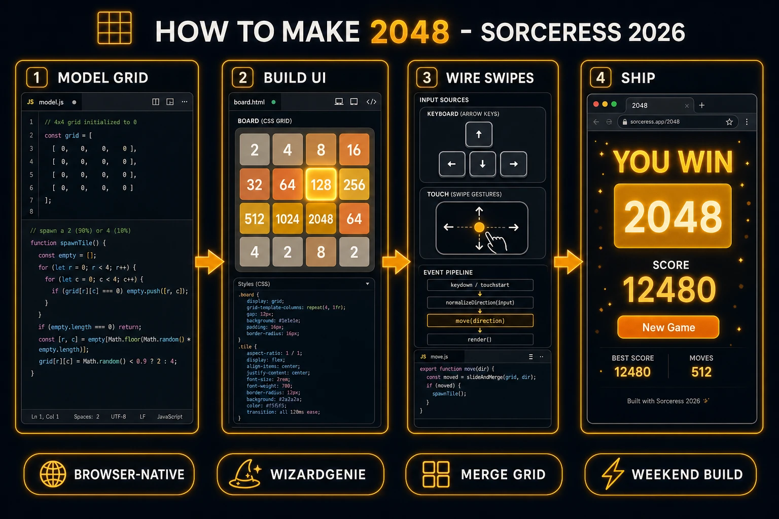 How to make 2048 browser pipeline: 4x4 merge grid, swipe handlers, spawn logic, and score HUD with WizardGenie and Sorceress audio tools