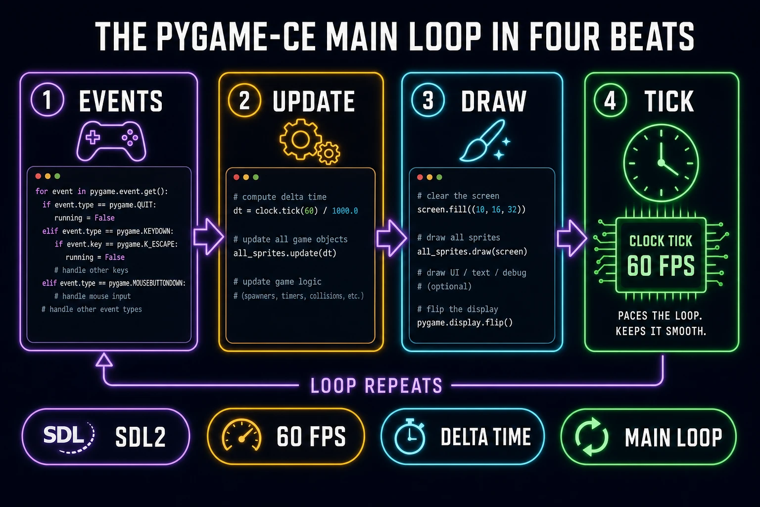 Pygame-CE main loop in four beats: events, update, draw, tick