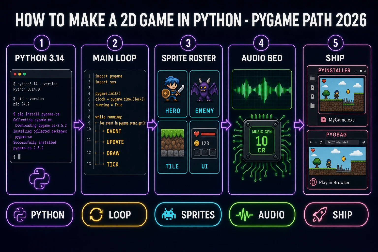 How to make a 2d game in python pipeline: Python 3.14, Pygame-CE main loop, sprite roster, audio bed, ship path