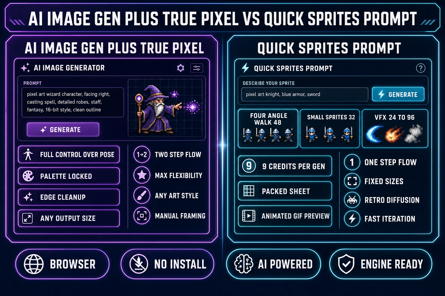Side by side comparison infographic showing AI image gen plus True Pixel on the left lane and Quick Sprites prompt to sprite on the right lane, with feature pills for two step flow, manual framing, palette locked, and edge cleanup on the left versus one step flow, fixed sizes, Retro Diffusion, and fast iteration on the right, on a dark navy background with purple and cyan accents