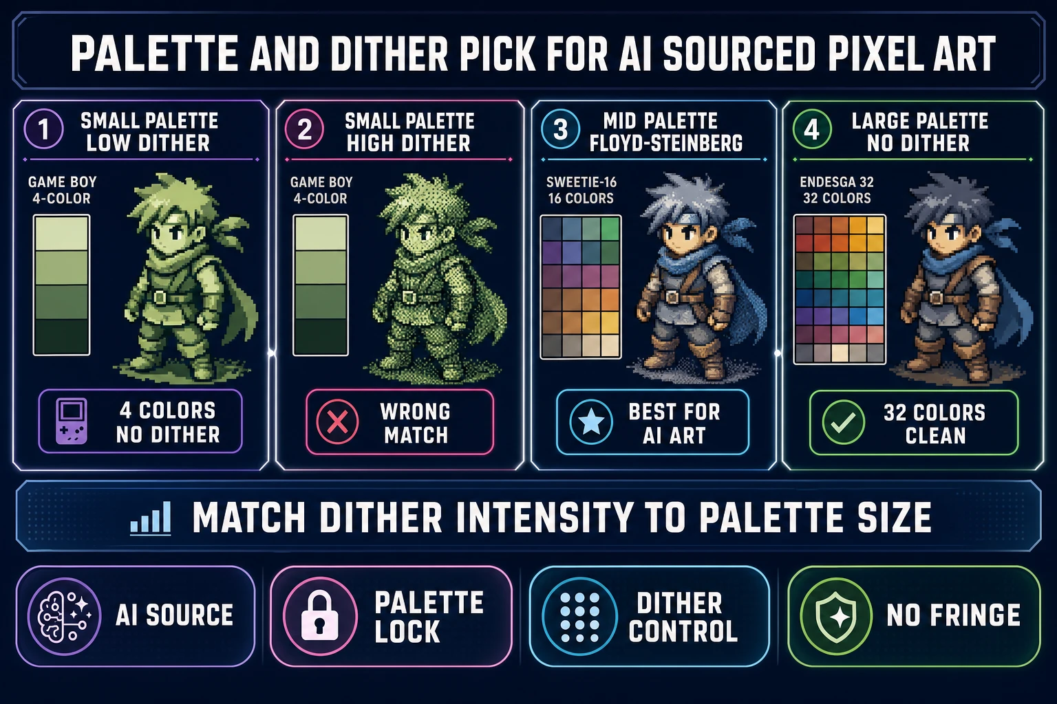Palette and dither pick reference chart for AI sourced pixel art, four panels showing small palette low dither with Game Boy four colors no dither, small palette high dither with Game Boy four colors heavy dither labeled wrong match, medium palette Floyd-Steinberg with SWEETIE-16 sixteen colors labeled best for AI art, and large palette no dither with Endesga thirty-two colors clean, on a dark navy background with purple fuchsia cyan and emerald accents