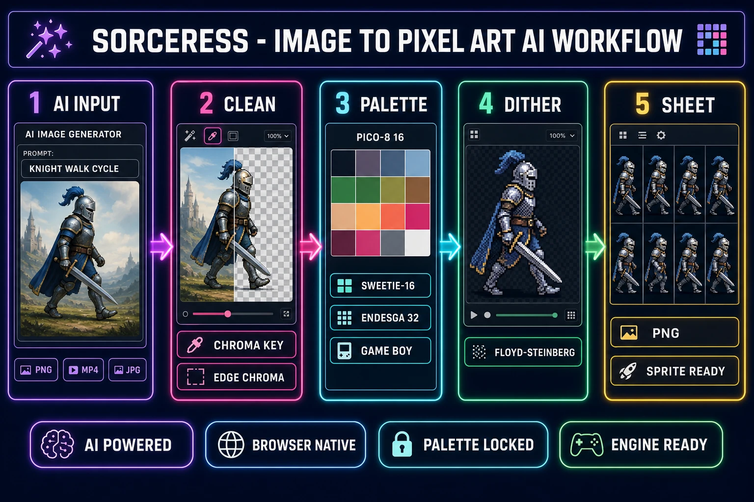 Sorceress image to pixel art AI workflow showing five steps, AI input on the left with a generated knight character, clean step with chroma key removal, palette step with PICO-8 sixteen-color preset, dither step with Floyd-Steinberg pattern, and packed sprite sheet output on the right, on a dark navy background with purple, fuchsia, cyan, emerald, and amber accents