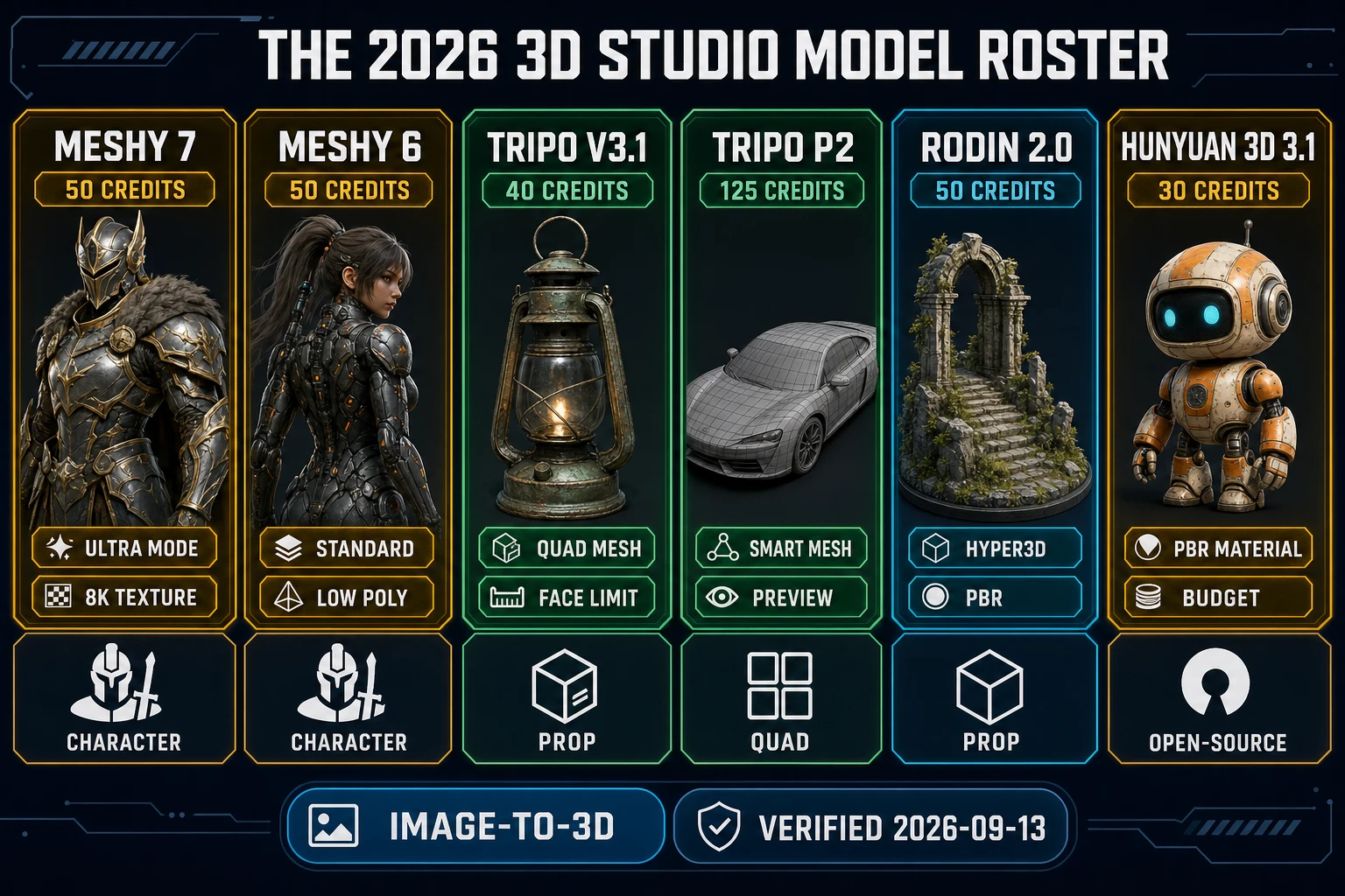 2026 3D Studio model roster comparison chart with Meshy 7 Meshy 6 Tripo v3.1 Tripo P2 Rodin 2.0 and Hunyuan 3D 3.1 image to 3D model AI cards