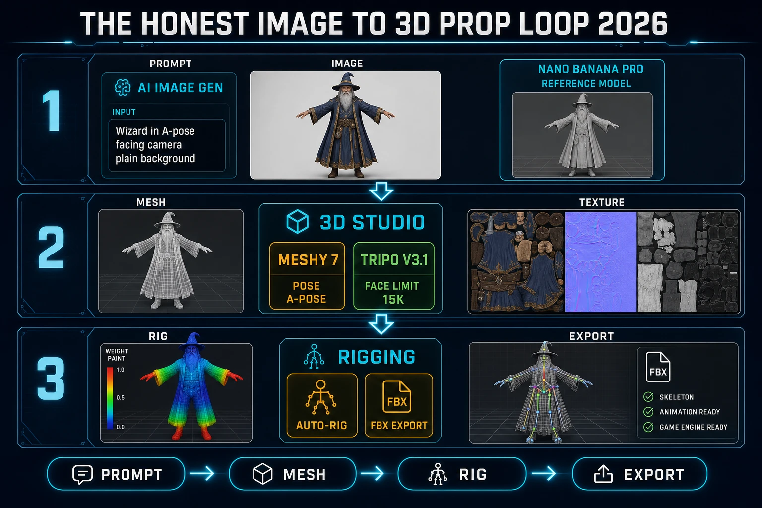 Honest image to 3D prop loop 2026 diagram showing prompt AI Image Gen mesh 3D Studio and rig plus FBX export stages