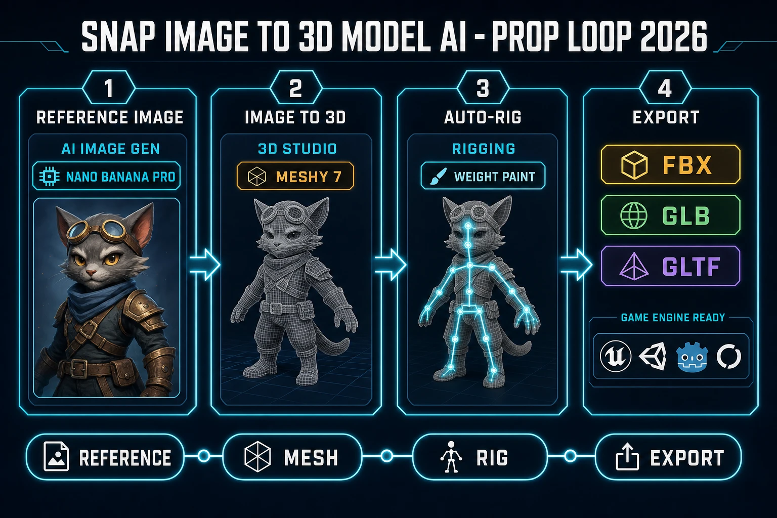 Snap image to 3D model AI prop loop 2026 pipeline chart showing reference image mesh rig and export stages with Sorceress 3D Studio Meshy 7 and auto-rigging