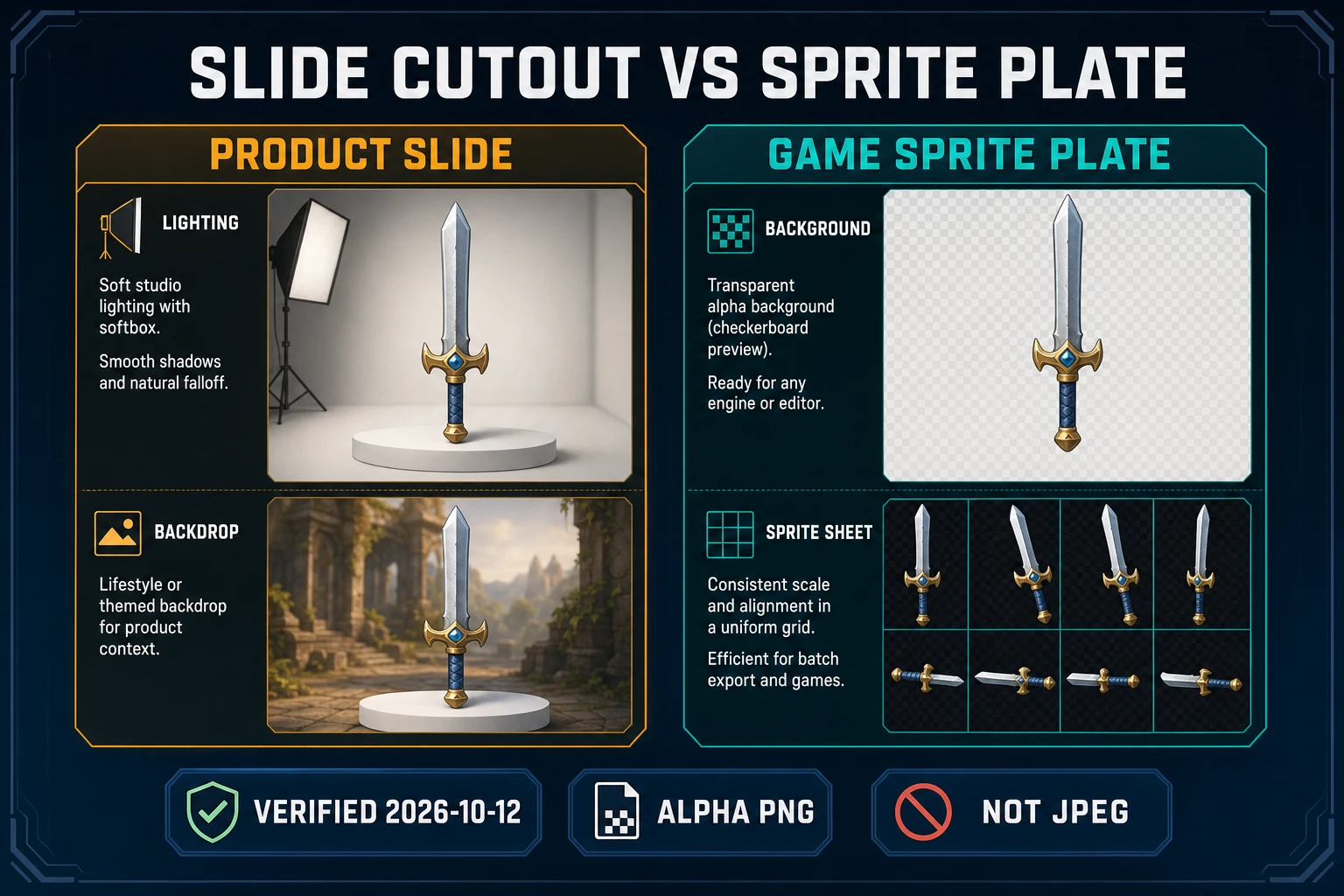 Slide cutout versus sprite plate: product soft edges versus game checkerboard alpha PNG for pixel cut AI background remover workflows