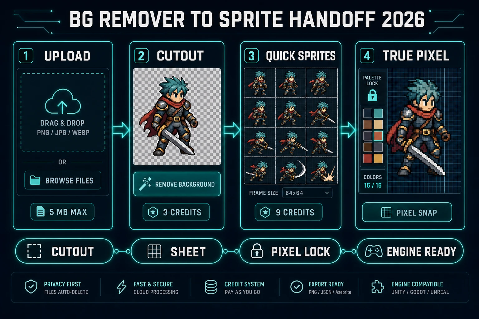 Sorceress handoff after pixel cut AI background remover style cutout: BG Remover 3 credits to Quick Sprites 9 credits to True Pixel palette lock