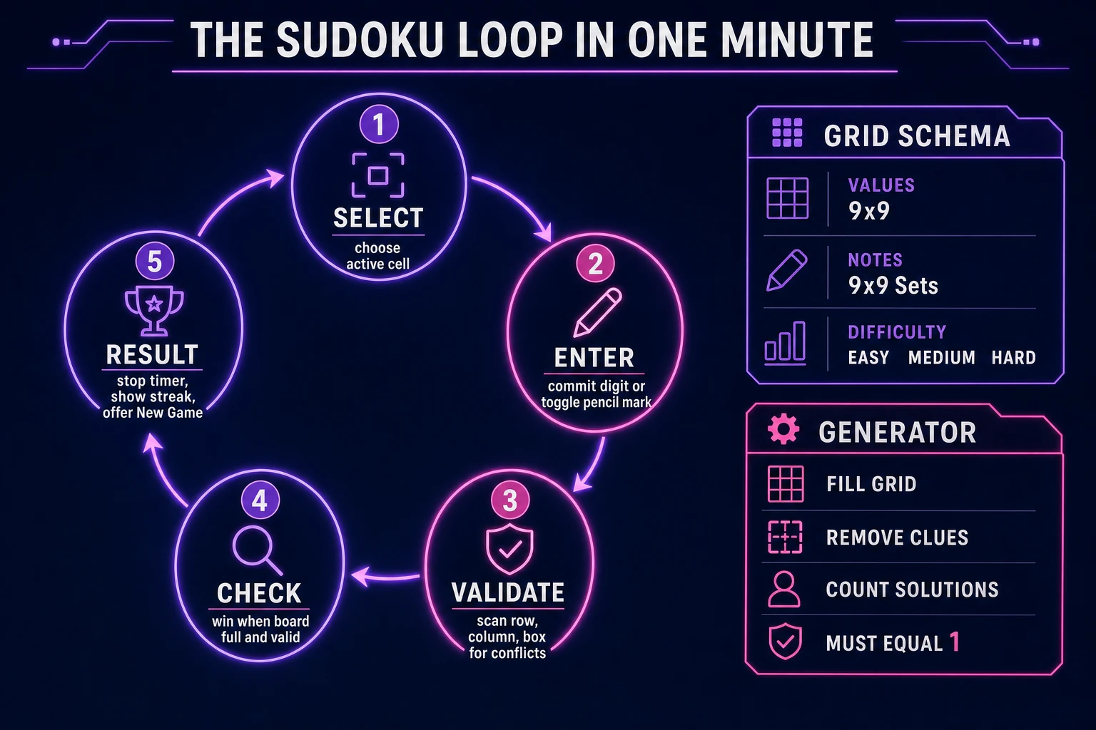Sudoku game loop state machine diagram showing select, enter, validate, check, and result nodes with grid schema and generator panel