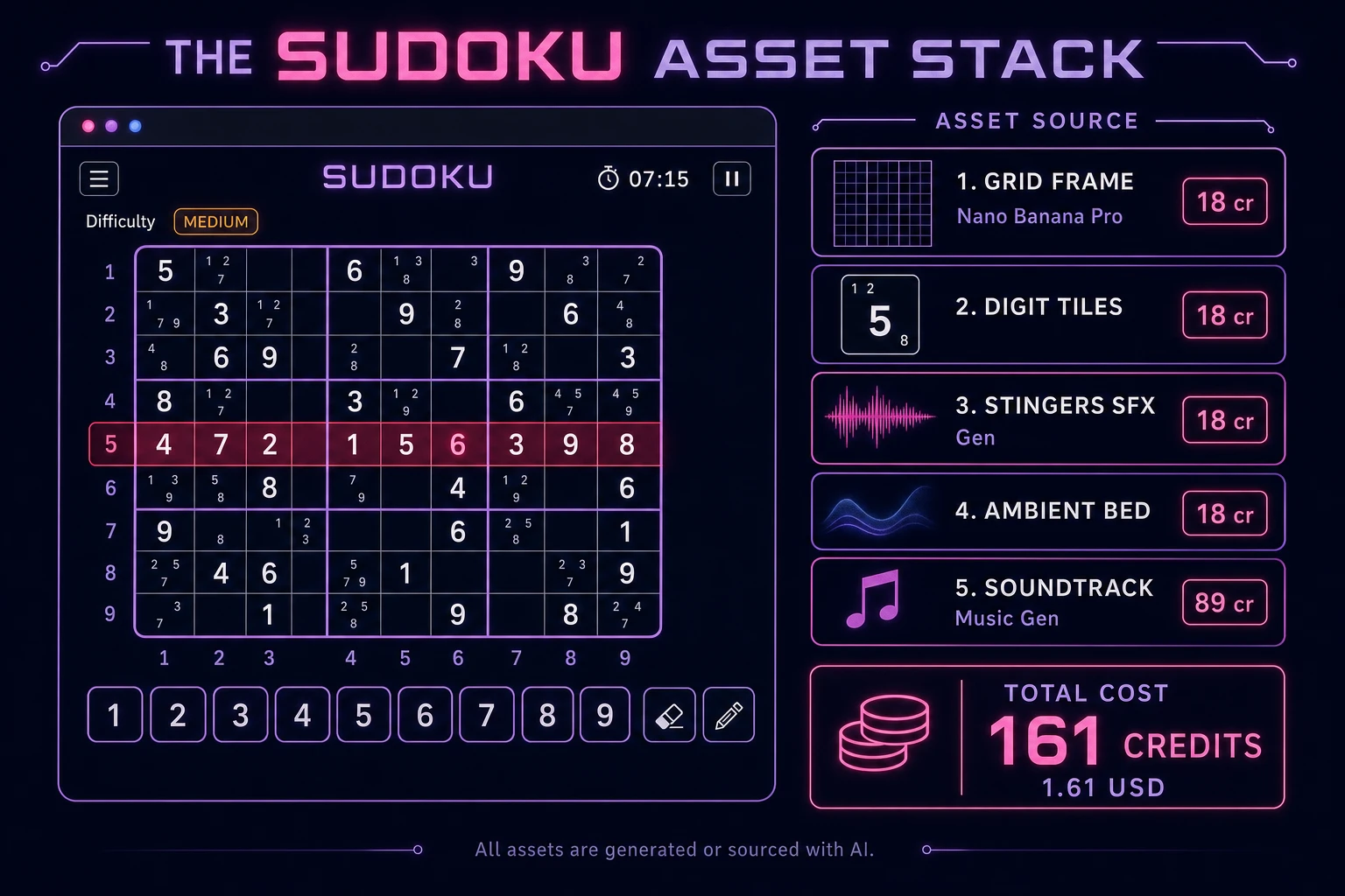 Sudoku game asset stack showing a 9x9 browser grid next to asset tiles for grid chrome, digit tiles, stingers, ambient bed, and music tracks