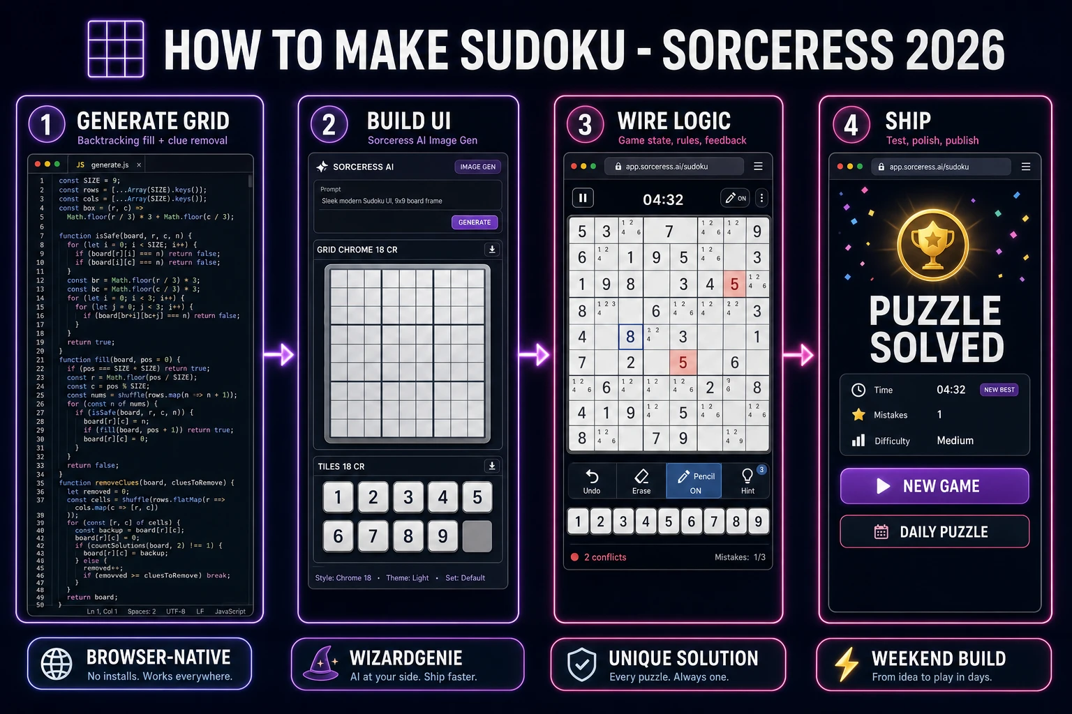How to make sudoku browser pipeline: generate a valid 9x9 grid, wire cell selection and pencil marks in WizardGenie, and ship a browser build