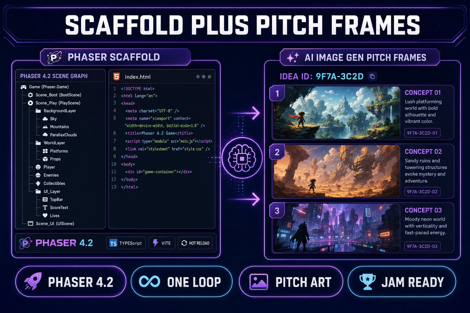 Phaser 4.2 scaffold and AI Image Gen pitch frames closing a game idea generator jam prompt pack, verified July 13, 2026