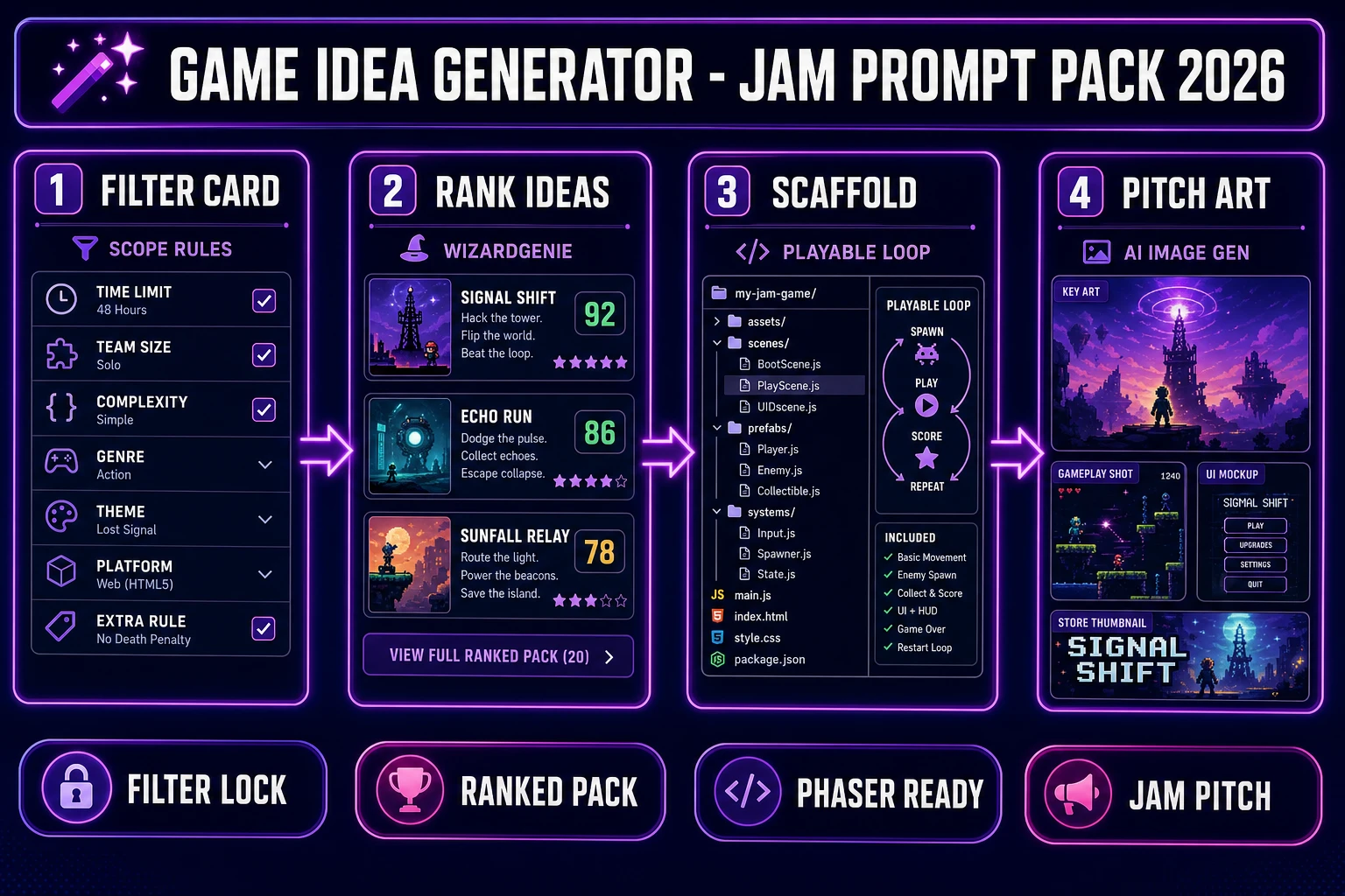 Game idea generator in 2026, four-step jam prompt pack from WizardGenie filter cards through ranked concepts and Phaser scaffolds to AI Image Gen pitch art, verified July 13, 2026